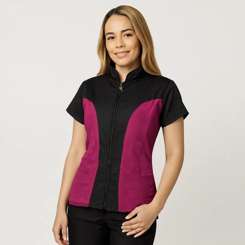 Jaleco Premium Feminino Preto e Fúcsia Anti-Pelos