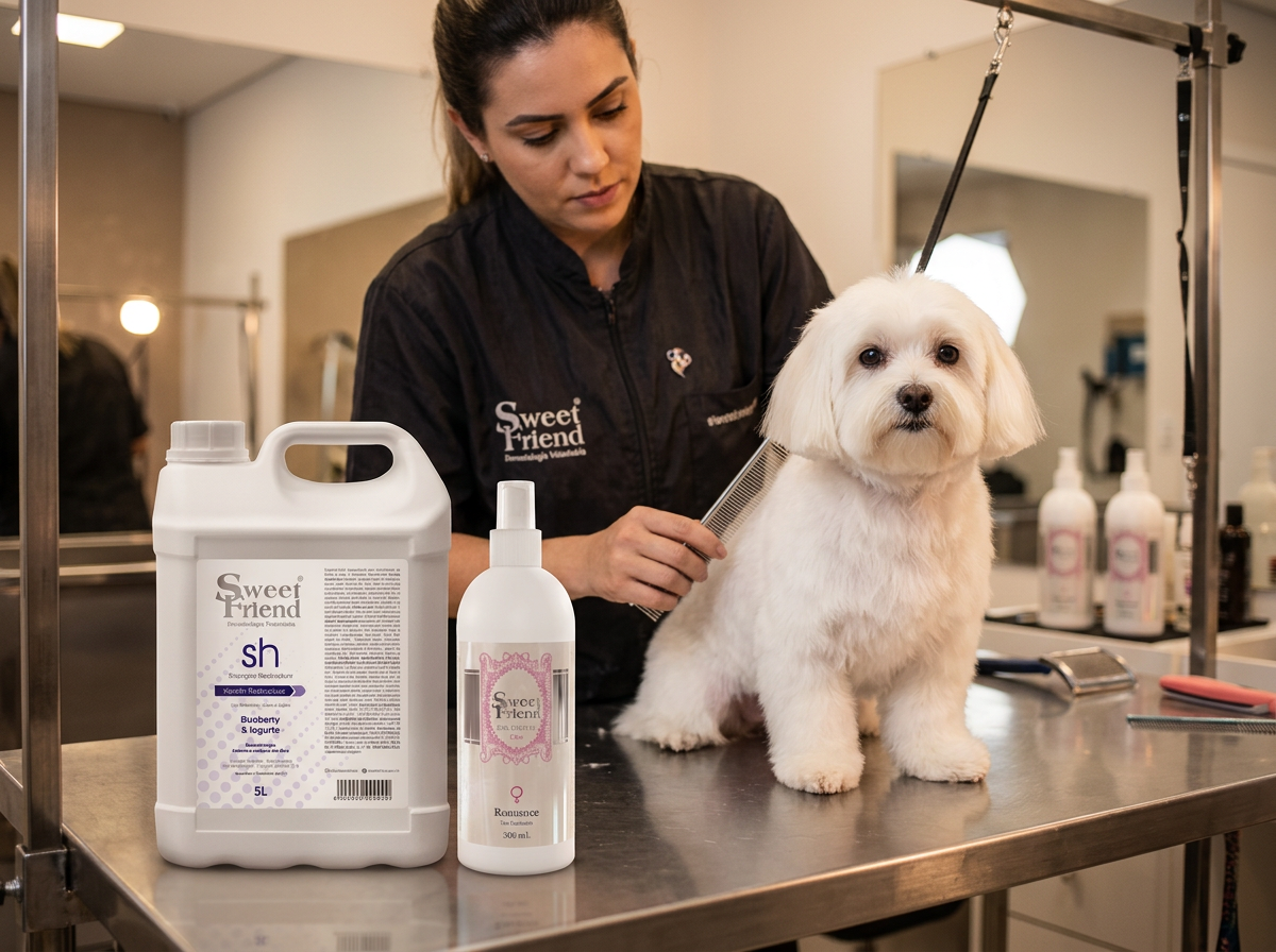 Profissional de banho e tosa cuidando de um cão